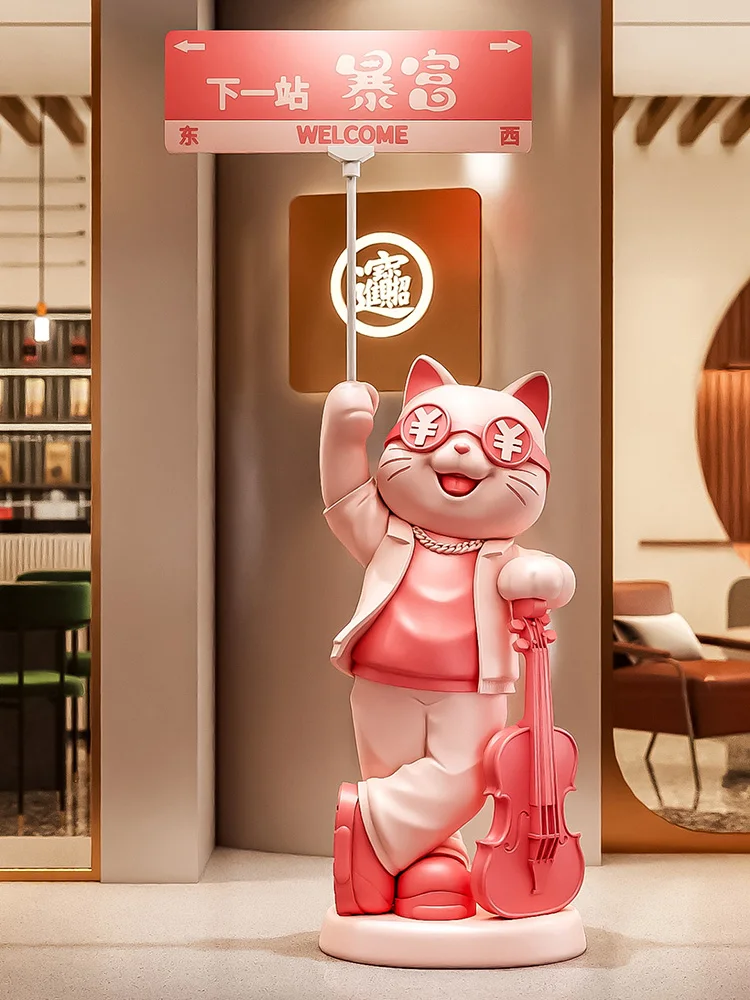Home Decor Road Sign Lucky Cat Statue Large Floor Decor Cat Sculpture Piggy Bank Ornament Store Opening Gift Housewarming Gifts