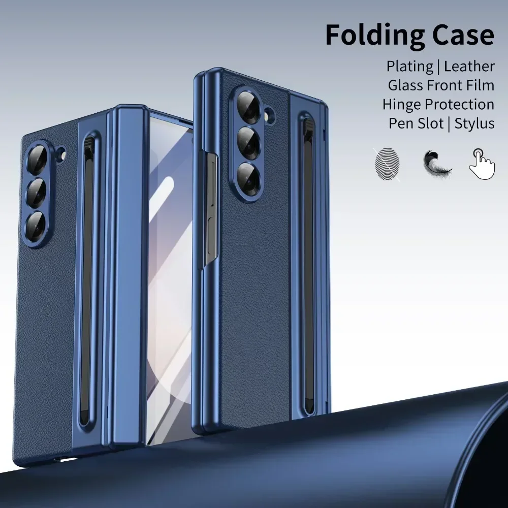 

For Galaxy Z Fold 7/6/5/4/3 Leather Phone Case with Steel Film Pen Slot Hinge Protection Shockproof Cover for Galaxy Z Fold