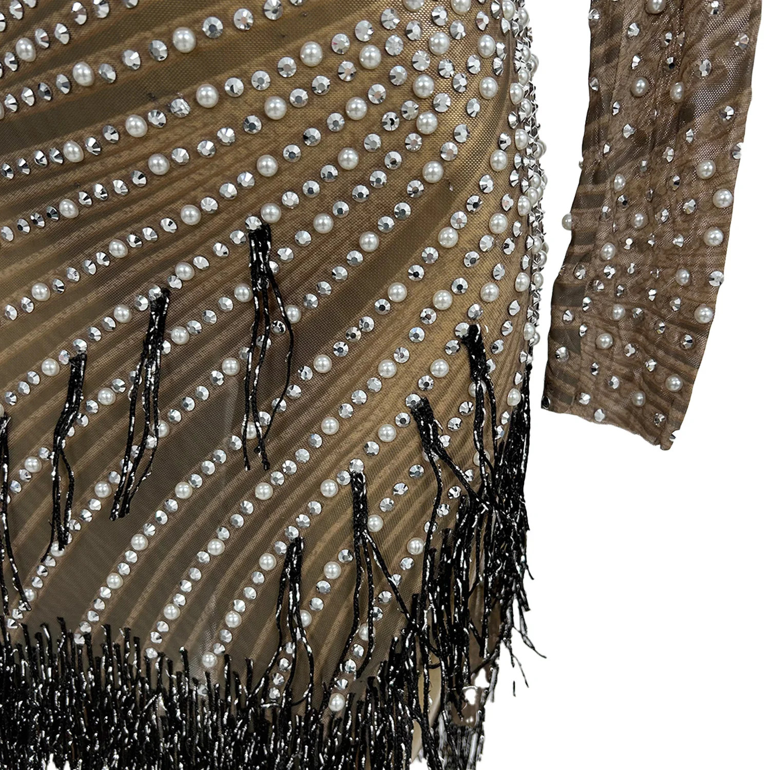 Sexy Black Tassel Short Dresses for Women Summer Fashion Mesh Diamond Long Sleeved Party Dress Elegant Irregular Skirt Zonglv