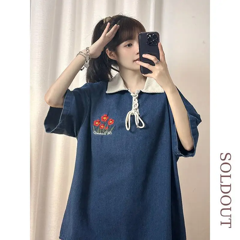 

American retro embroidered denim polo shirt short-sleeved trendy T-shirt women's summer lapel tie college style top y2k tops emo