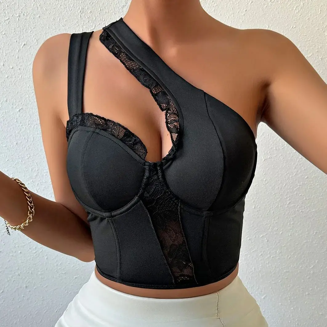 

Women Personality Crop Tops Camisole Oblique Shoulder Bustier Corset Tank Top Summer Lace Sleeveless Tube Top Slim Lingerie Vest