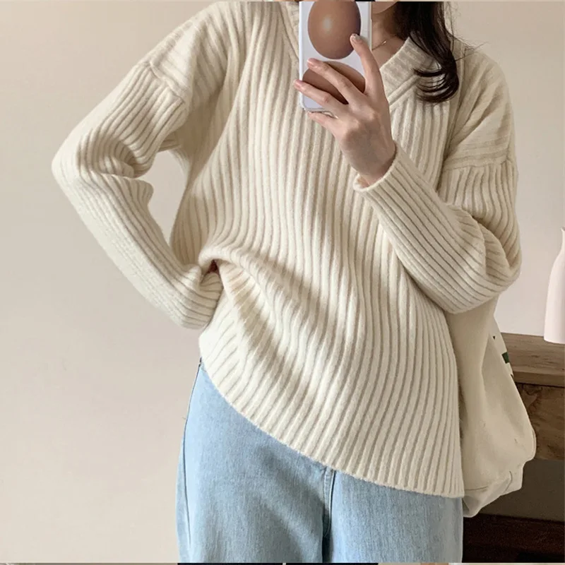 Autumn And Winter New Women's Warm V-neck Pullover Sweater Knit Long Sleeve Solid  Sweater Casual Pullovers For Women 2024