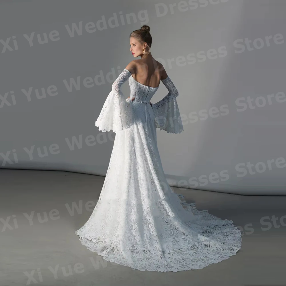 Elegant A Line Women's Strapless Backless Wedding Dresses Vestido De Novia Lace Appliques Bride Gowns Customized Robe De Mariée