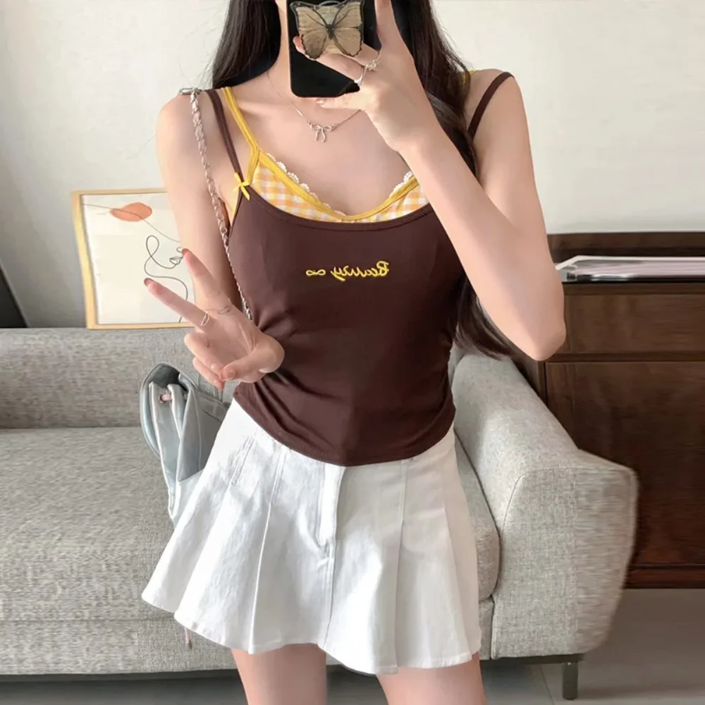 Spicy Plaid Pad Camisole Tank Top Lace Trim Belted Backless Slim Fit Outerwear Cotton Women's Tank Top Summer