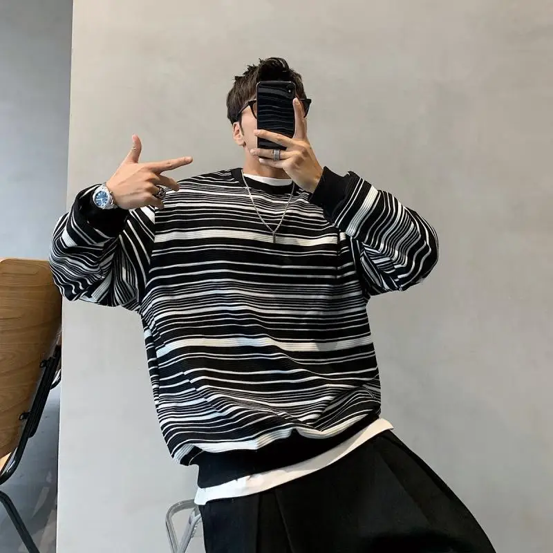 

Fall Winter Striped Print Men Long Sleeve T Shirts Velvet Thickening Fahion Casual Harajuku 2xl Oversized Pullover Campus Daily