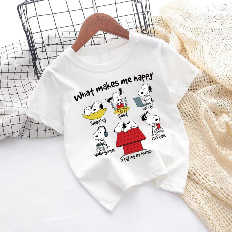 Snoopys Girl Boy T-shirt Children Cotton Short Sleeves Cute Cartoon Tees Fashion Round Neck T Shirt Kid Tops Summer Clothes Gift