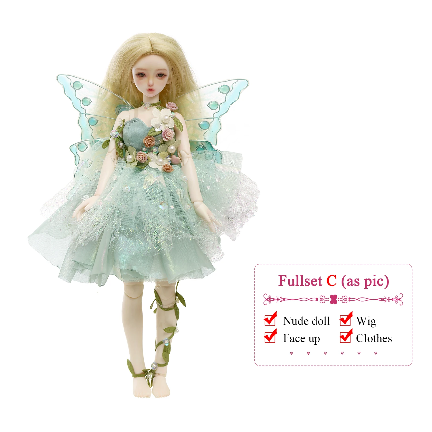 Fantasy Angel Bjd 1/6 Firefly B Volledige set met vleugels Forest Green Sprite of The Enchanted Woodland Hars Ball Jointed Doll