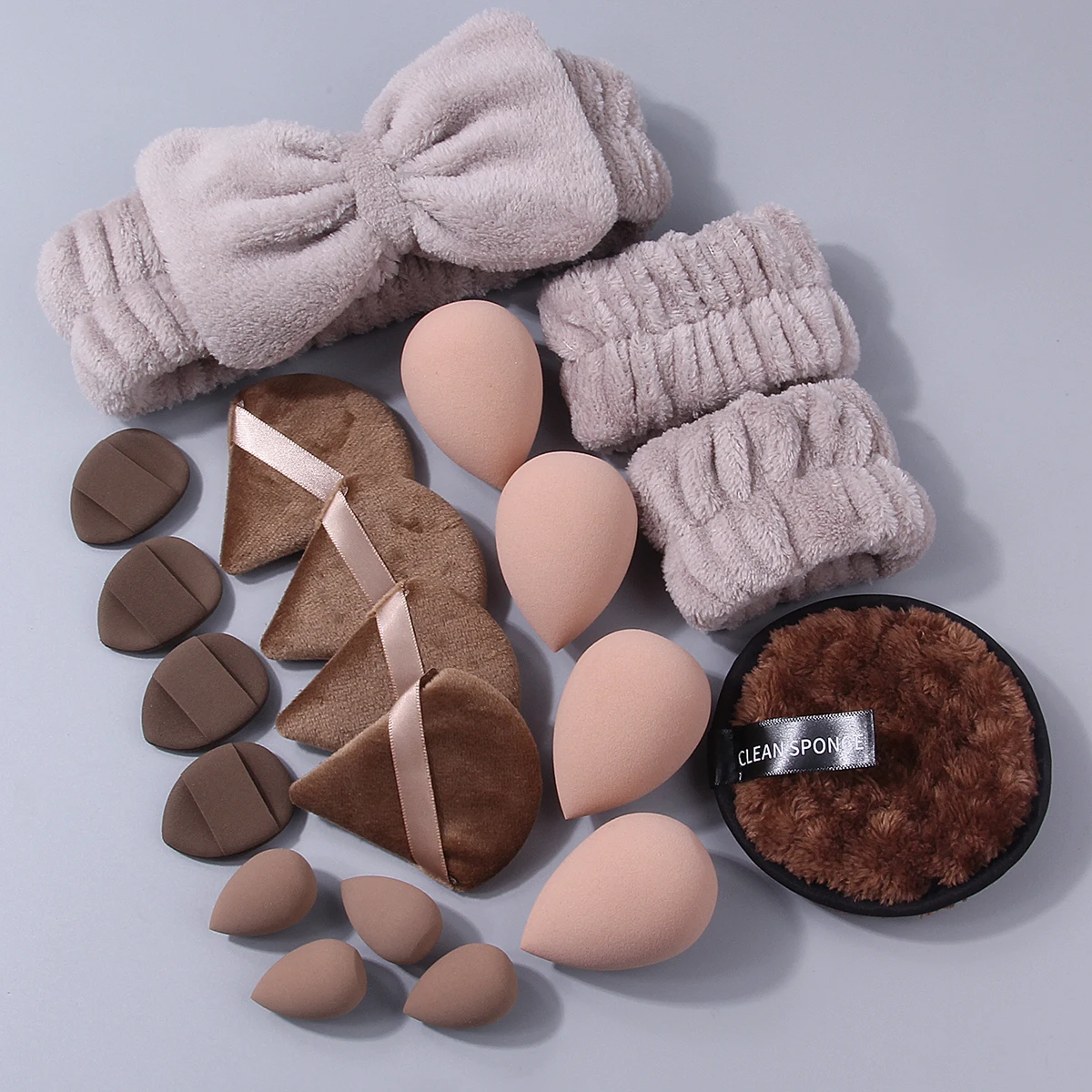 20종 전문가용 페이셜 클렌징 및 메이크업 세트 - 머리끈, 손목 스트랩 + 메이크업 스펀지, 에그 파우더 퍼프 + 세안 퍼프