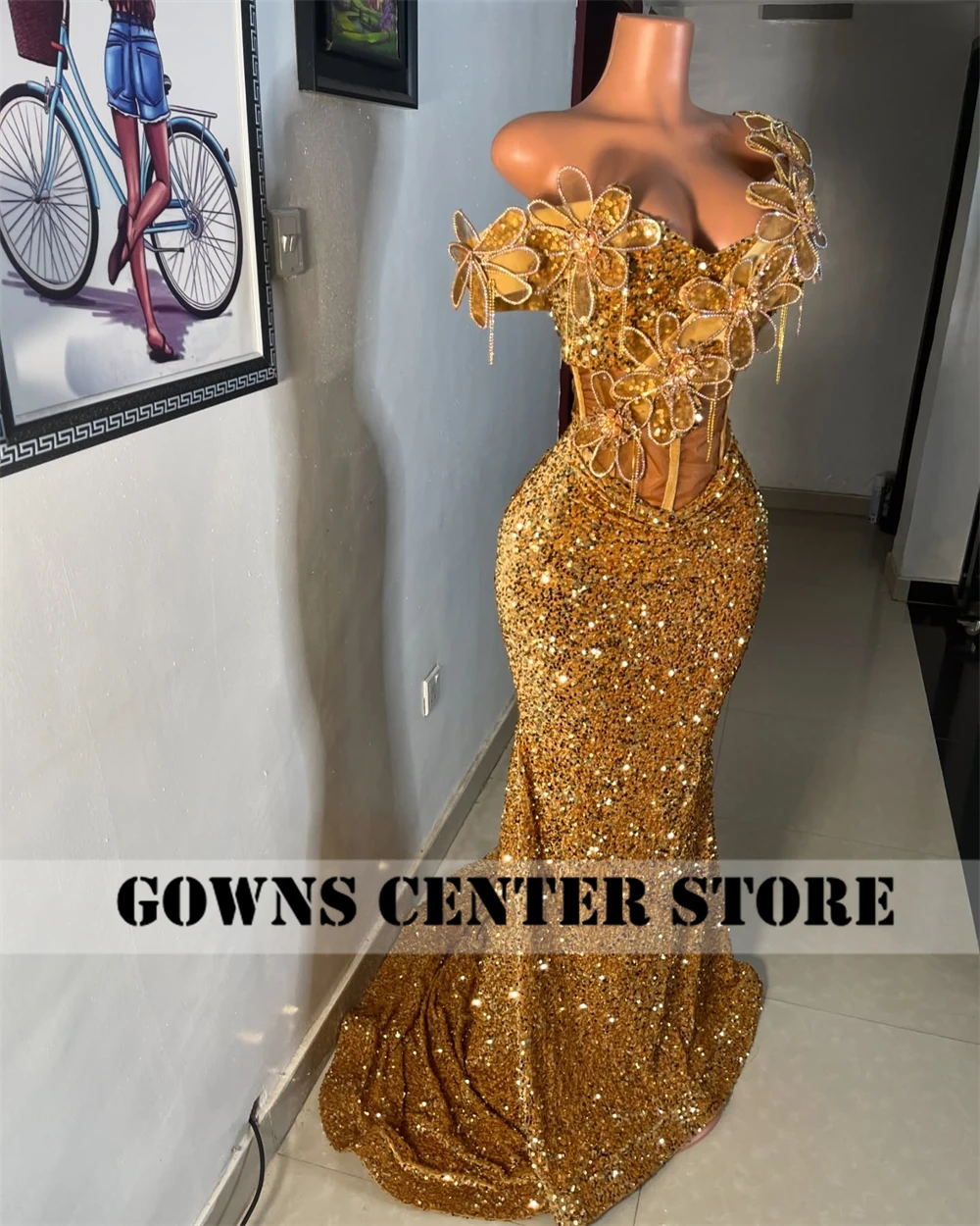 Sparkle Golden Aso Ebi African Evening Dresses Ruched Off The Shoulder Mermaid Formal Party Gowns Luxury Women 2025 Customized image 2