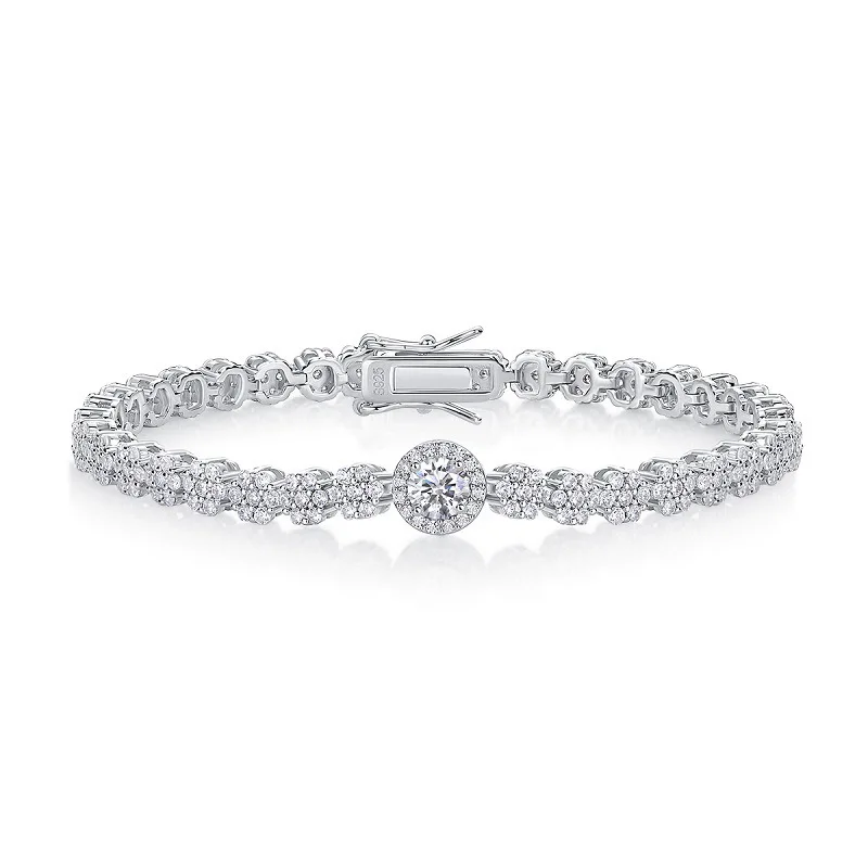 

S925 Sterling Silver Halo Moissanite Tennis Bracelet, Luxury Sparkling Chain Jewelry for Women Wedding Party Fine Gift