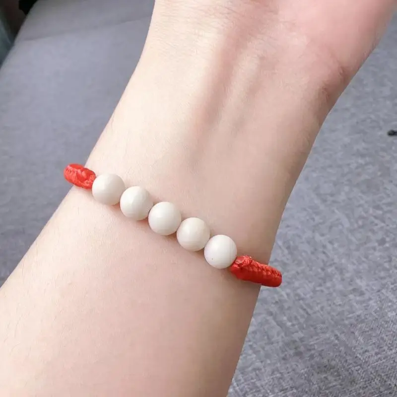 1Pcs Handmade Red Braided Lucky Bracelet With Five Smooth White Jade Beads Adjustable Knot Perfect For Daily Wear Gifting