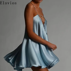 Sexy Deep V-Neck High Street Dress Show Style Hollow Back Strap Rhinestone Mini Dress Women Elegant Solid Lotus Edge Party Dress