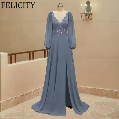 FELICITY Customized Chiffon Elegant Mother of the Bride Dress A-Line Applique Wedding Guest Dress Front Slit Beads Evening Gowns
