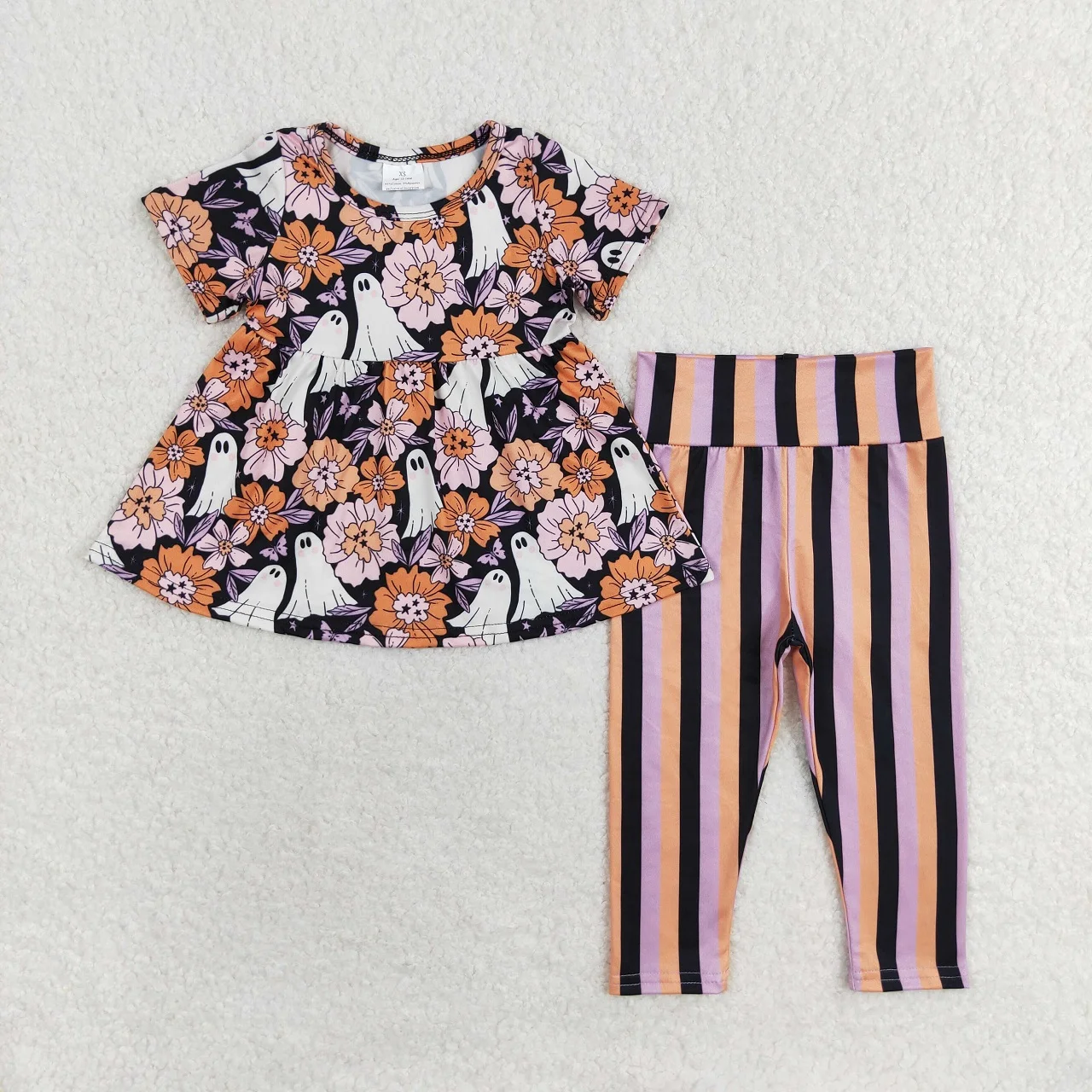 

Wholesale Toddler Short Sleeves Halloween Flower Ghost Tops Stripes Leggings Pants Kids Infant Children Outfit Baby Girl Set