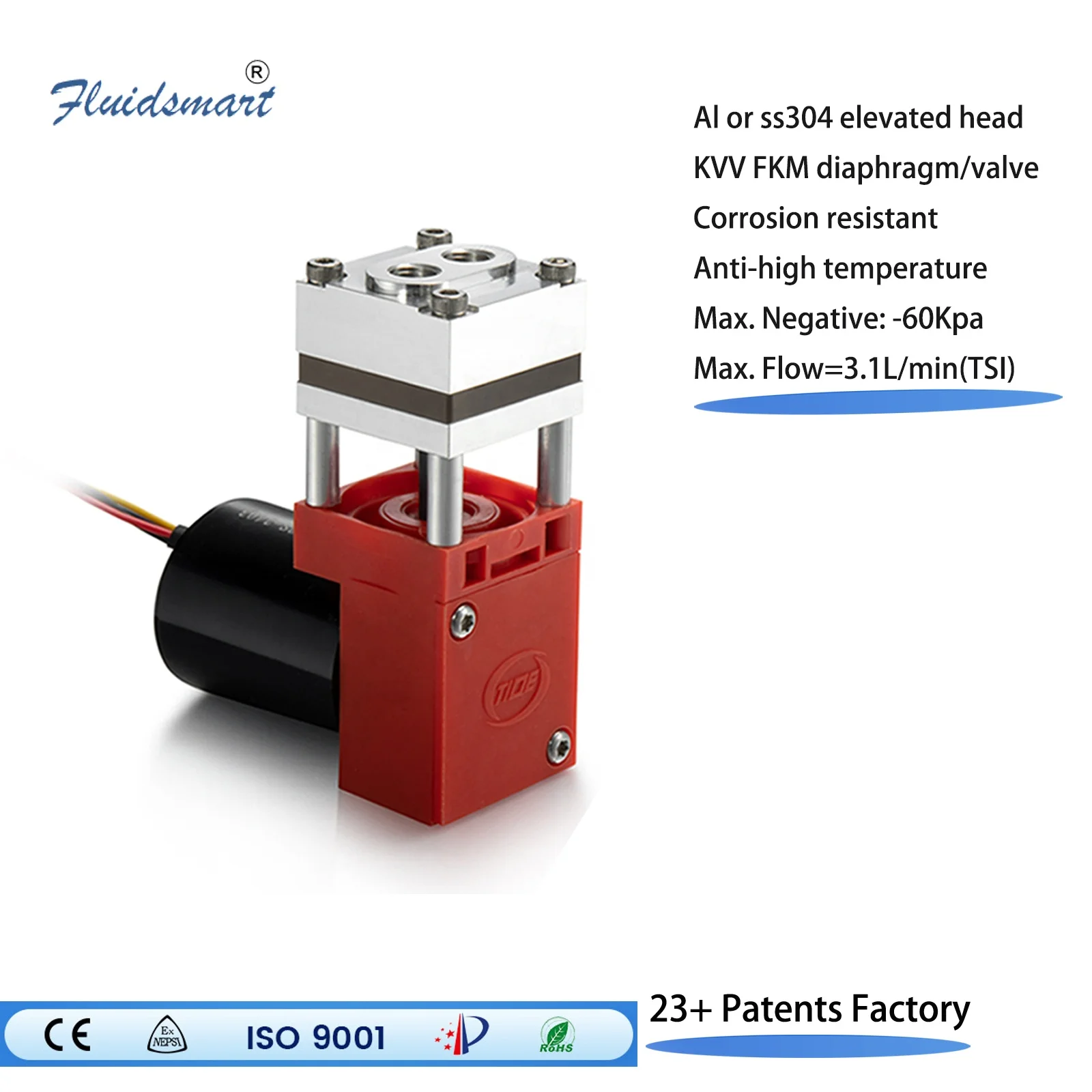Professional 24 Volt Diaphragm Pump Small Lab Stainless Steel FKM Diaphragm High Temperature Bldc Micro Pump 4L/min -60KPa