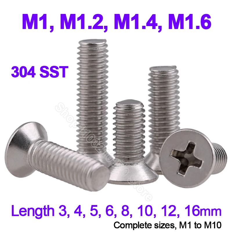 

50-300Pcs M1 M1.2 M1.4 M1.6 Mini Micro Small 304 Stainless Steel Cross Phillips Flat Countersunk Head Screw Bolts Length 3-16mm