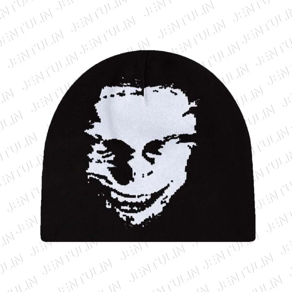 Y2k Women Hat Knitting Beanies Aphex Twin Face Caps Men Y2k Streetwear Winter Fashion Kpop Vintage Goth Warm Hip Hop Rock Unisex