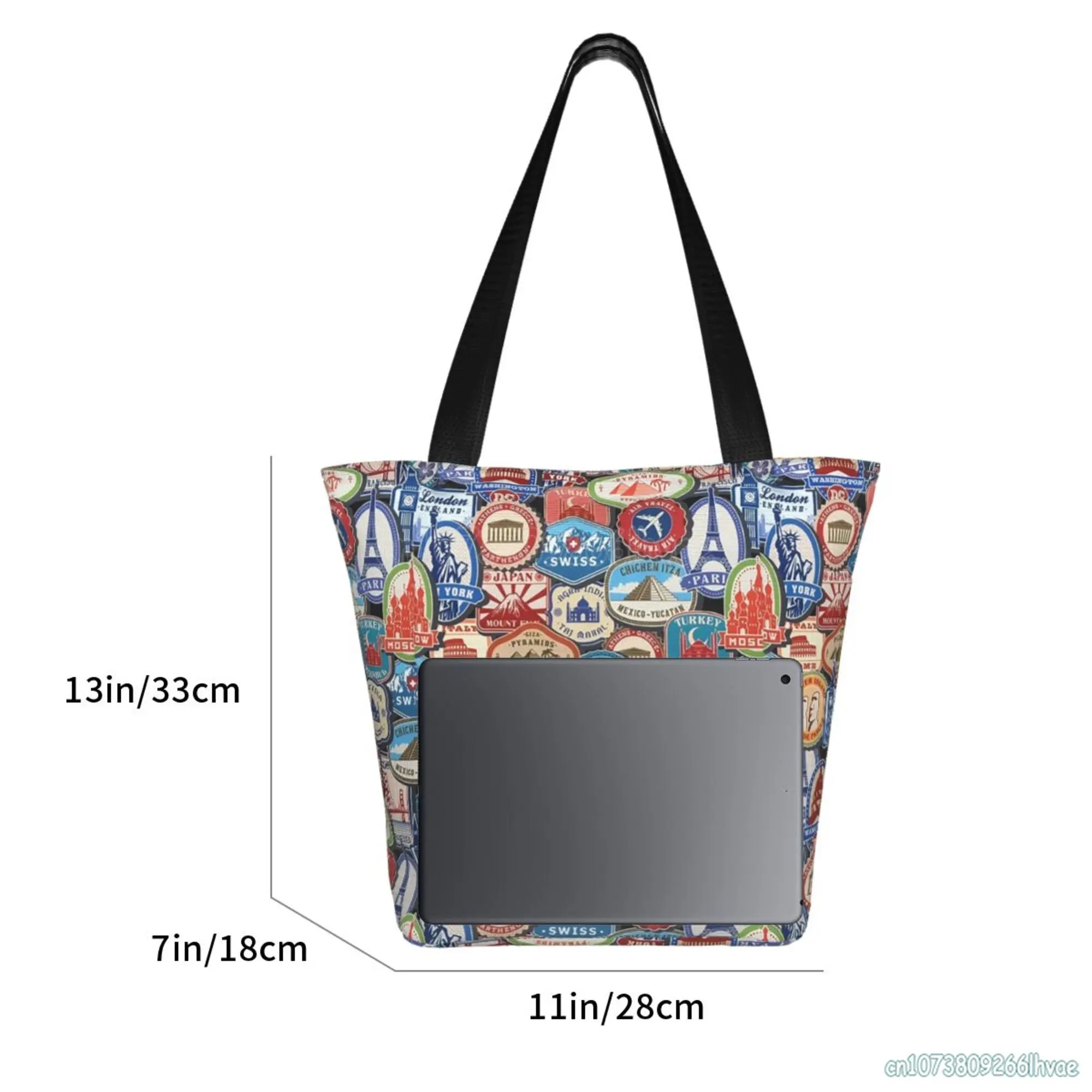 Landmark Sticker Storage Handbag Extra Large Canvas Beach Travel Reusable Grocery Shopping Tote Bag Portable Shoulder Bag