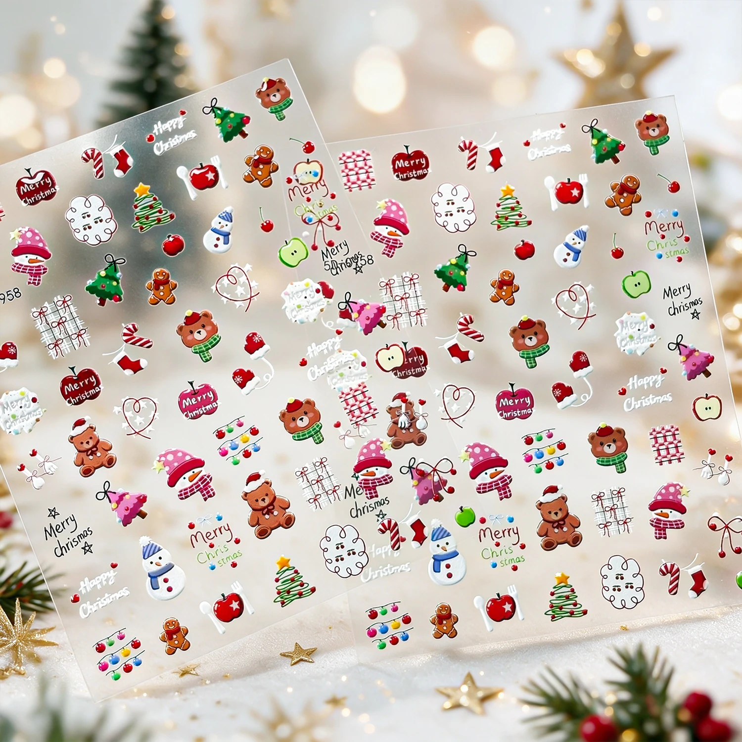 1PCS 5D Christmas Nail Stickers Cute Cartoon Bear Snowman Xmas Tree Apple Sock Nail Decals Winter Holiday New Year DIY Manicure*