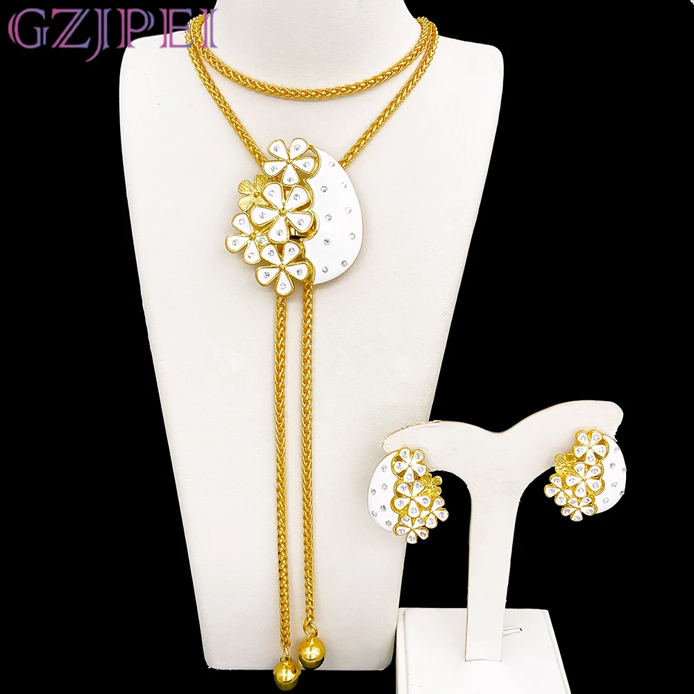 

GZJPEI White Enamel Flower Pendant Necklace Enamel Earring Long Necklace Winter Sweater Chain For Women Birthday Jewelry Gift