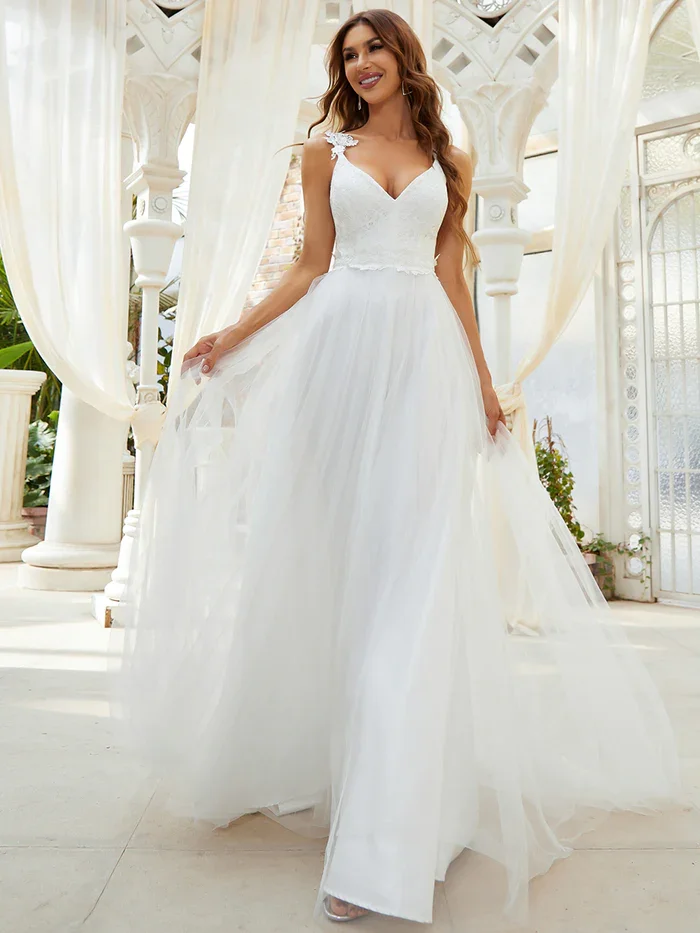 

Ever-Pretty Wedding Dress for Wedding Long Woman A-Line Double V Neck Sleeveless Lace Chiffon