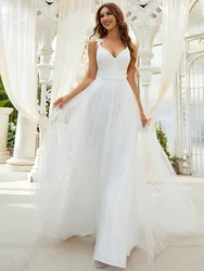 Ever-Pretty Wedding Dress for Wedding Long Woman A-Line Double  V Neck Open Back Sleeveless Lace Chiffon