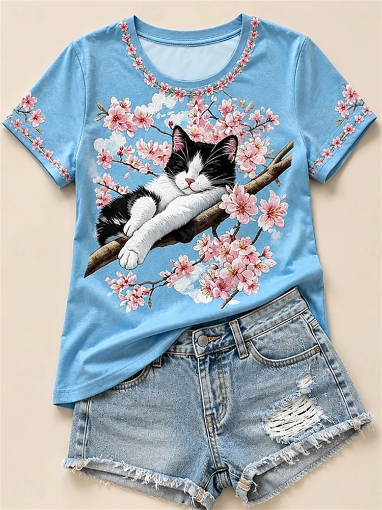Women's Spring Summer Casual Crew-Neck T-Shirt Cute Cat and Floral Print Retro Short-Sleeve Top for Work or Vacation