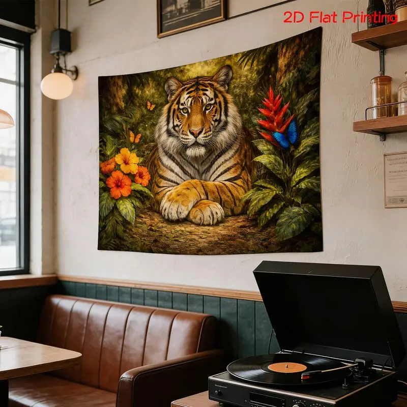 VIKAMA Jungle Tiger Animal Tapestry Tropical Plant Flower Butterfly Wall Hanging Nature Scenery Aesthetic Living Room Wall Decor