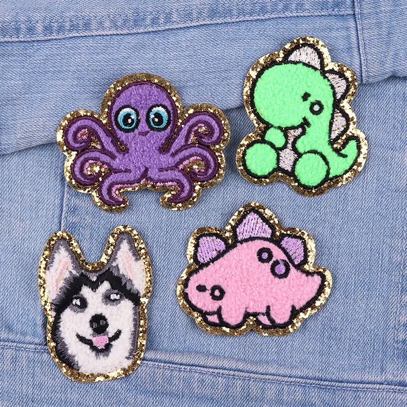 Dinosaur Octopus Wolf Towel embroidery Patch Gold Edge Grete Animal Embroidered Patches For Clothes Bags Hats Sew Decorate DIY