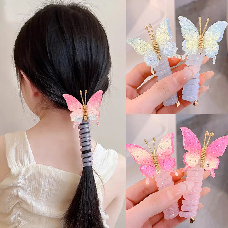 2pcs Telephone Wire Elastic Rubber Bands Embroidery Butterfly Scrunchies Girls Sweet Cute Ponytail Holder Styling Accessories