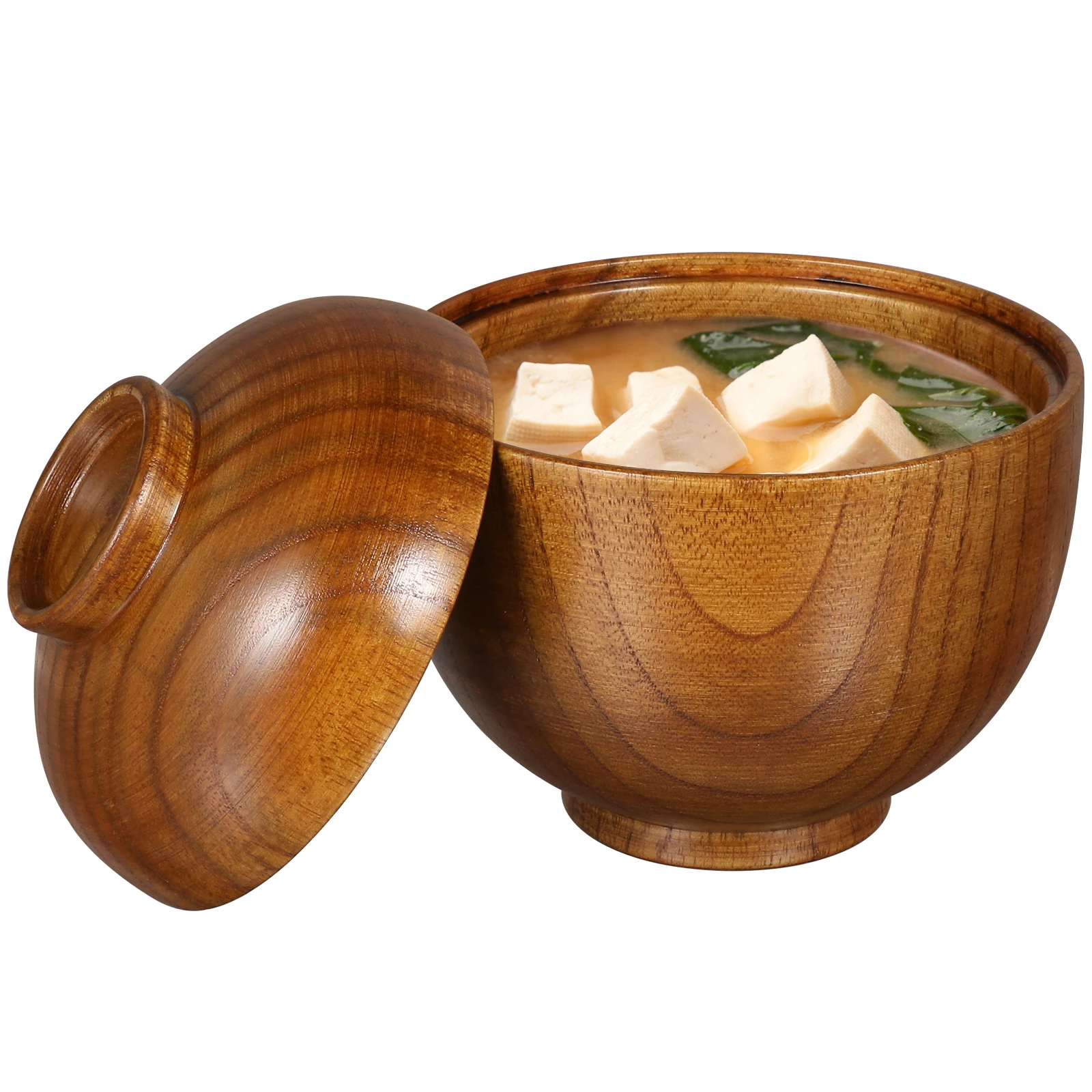 

2 Pcs Anti-Scald Wooden Bowls with Lids for Rice Salad Soup Miso Japanese Style Lightweight Easy to Clean