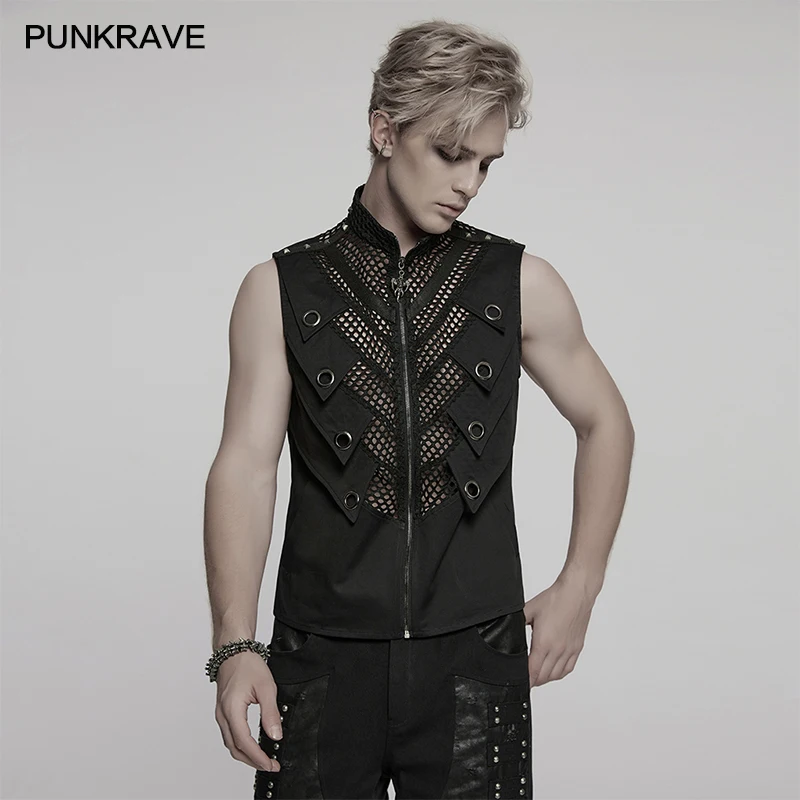 

PUNK RAVE Men's Punk Personalized Fish Gill Structure Designs Tough Guy Vest Transparent Mesh Splicing Cool Handsome Dark Tops