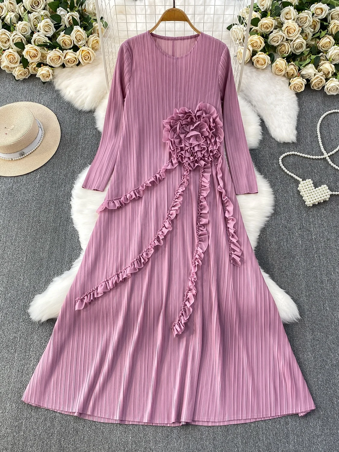 Ele Casual round Ne Maxi Skirt Dr Women Autumn Winter Heavy Embellied Pleated Dr Ci Commute Par Dr