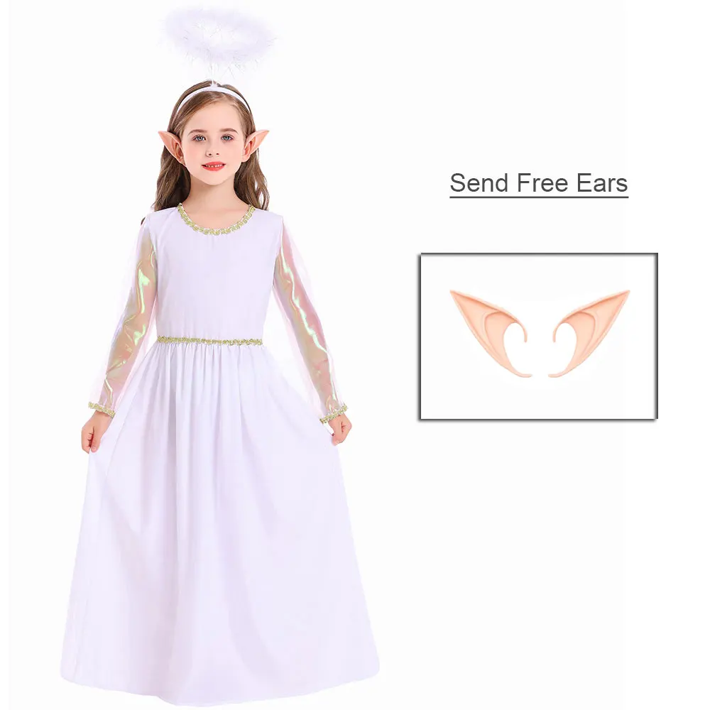 

Umorden Child Girls White Angel Costume With Halo and Elf Ears Christmas Church Robe Angel Dress for Girl Colored Yarn Sleeves