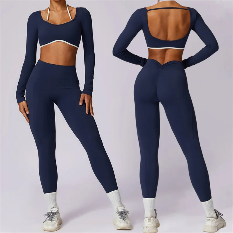 SVEIC Fitness Sports Yoga Sets Women Tracksuit Long Sleeves Sexy Back Training Leggings High Waist Worukout Running Gym Clothing