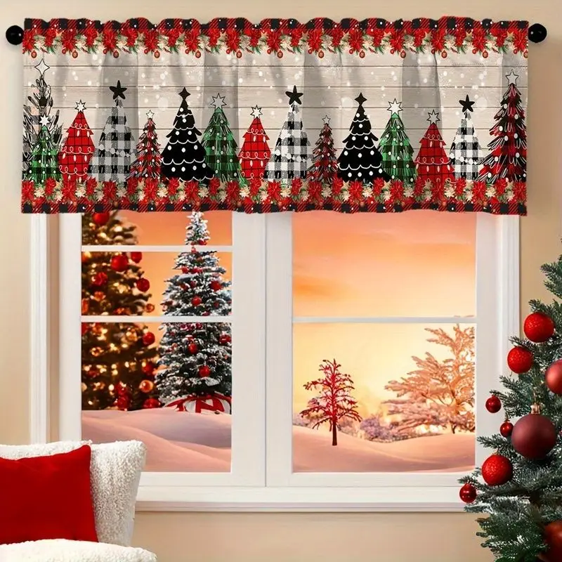 VIKAMA Wood Grain Multi Plaid Pine Forest Poinsettia Scallop Christmas Short Window Curtain Rustic Tartan Holiday Home Decor