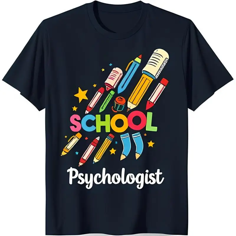 Vibrant School Themed Black T Shirt With Playful Pencil 'Psychologist