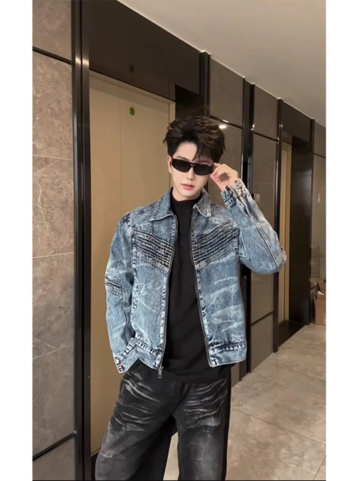 

oulder Padded Denim Jaet Men's Spring Autumn American High Street Cool Workwear Jaet Teenage Faion Outerwear Zipper C...