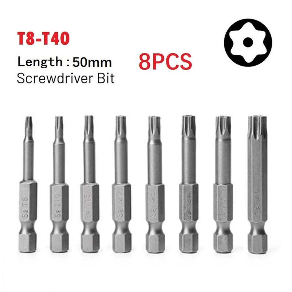 

8pcs 50mm 1/4" Hex Shank Hole Security Bits T8 //T15 /T20 /T25 /T27 /T30 /T40 Perfect For DIY Projects Electric Screwdriver