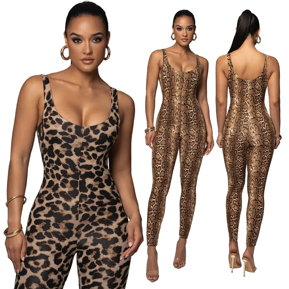 

New Trendy Snakeskin Leopard Print Plunging Neckline Slinky Bodysuit Summer Women Slim Jumpsuits Pants