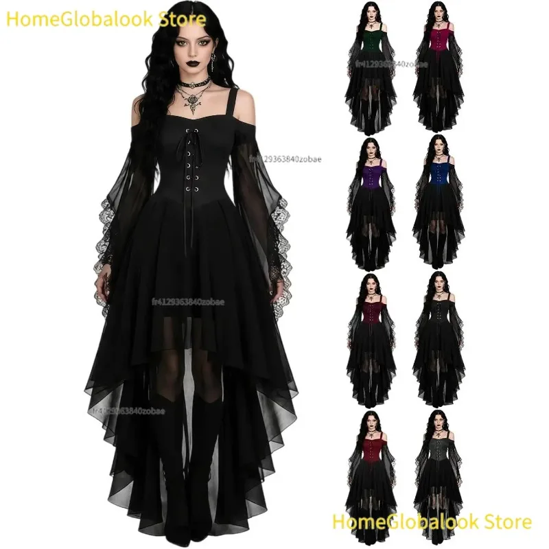 2026 Nuovo abito da strega per Halloween, elegante, con maniche a farfalla, in rete, stile gotico, costume medievale da vampiro, ideale per cosplay, feste in maschera, servizi fotografici, carnevale,