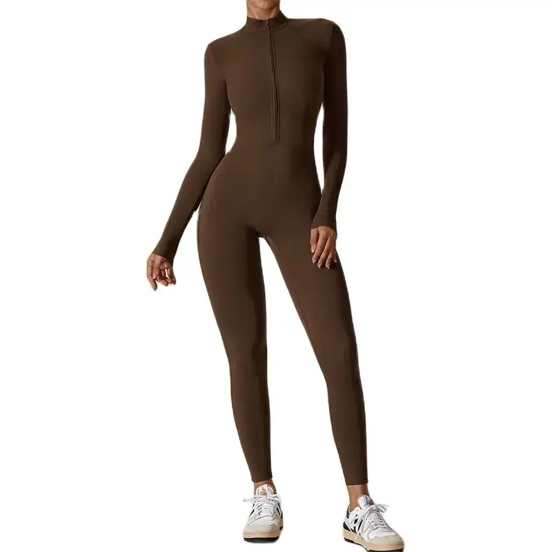 Ensemble de yoga à manches longues pour femmes, combinaisons moulantes, survêtement une pièce, fermeture éclair imbibée, vêtements d\'entraînement de