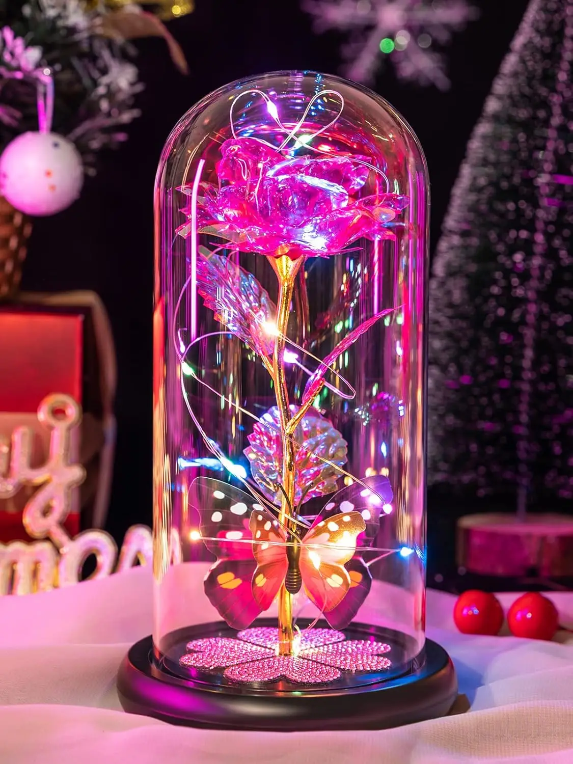 

Mothers Day Mom Gifts for Mom Women Birthday Gift Galaxy Glass Rose in Glass Dome Forever Eternal Crystal Flowers with B
