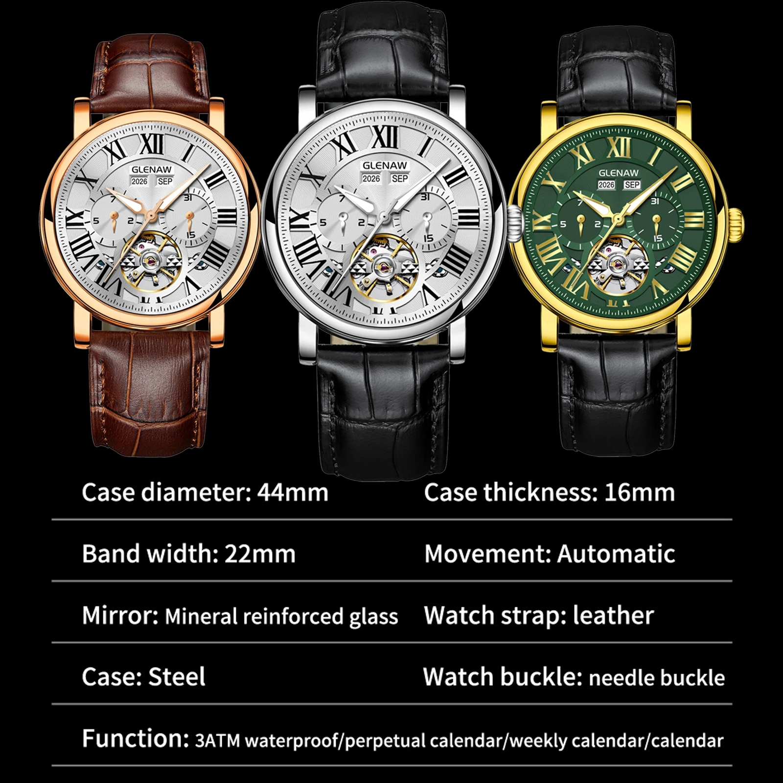 2026 GLENAW Brand Designs New Luxury Mechanical Watches Men Calendars Stainless Steel Men's Watches Waterproof Automatic Watches