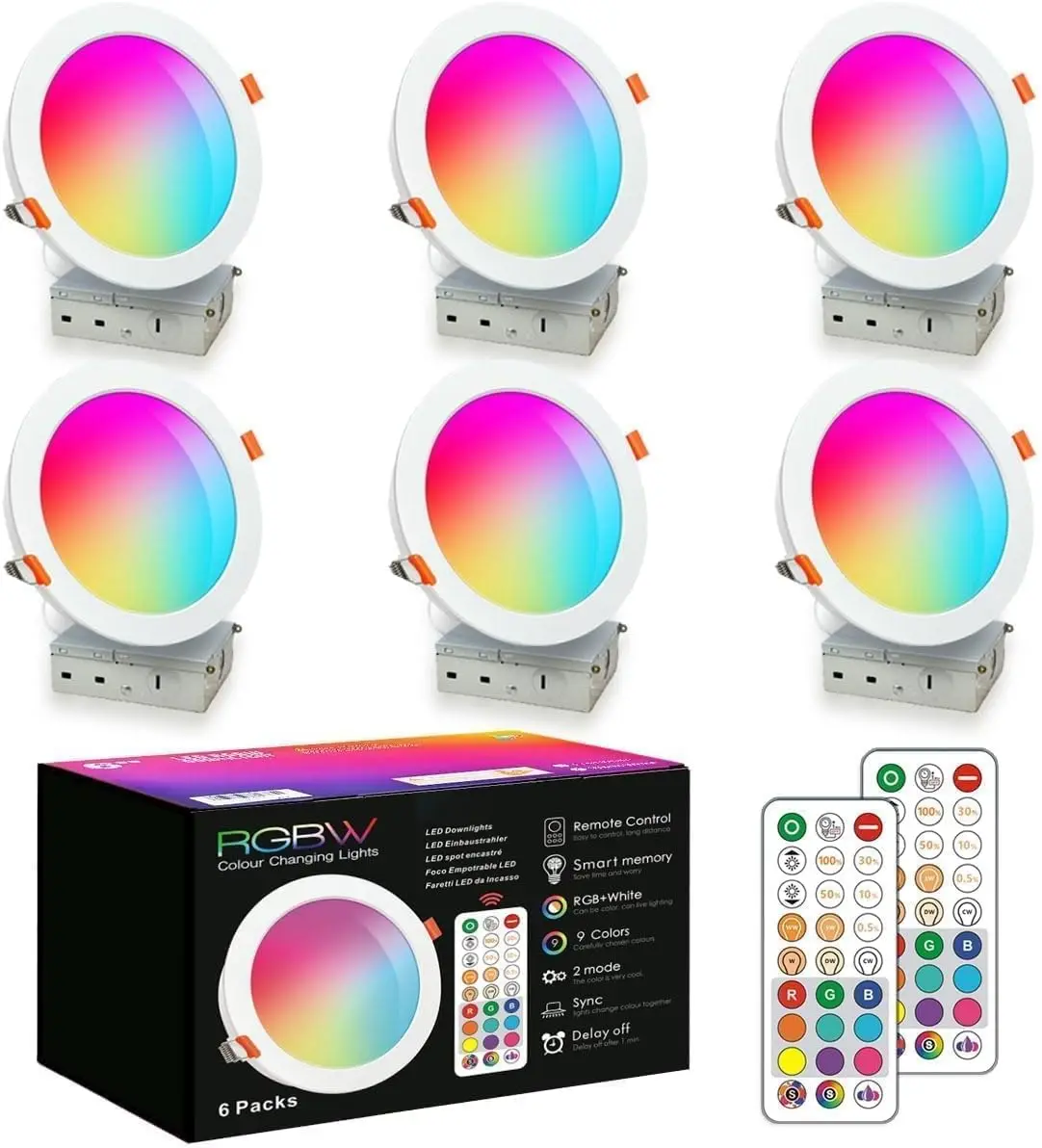 

6 Inch Color Changing LED Recessed Downlights with Remote, 6 Packs - Adjustable Brightness & Modes
