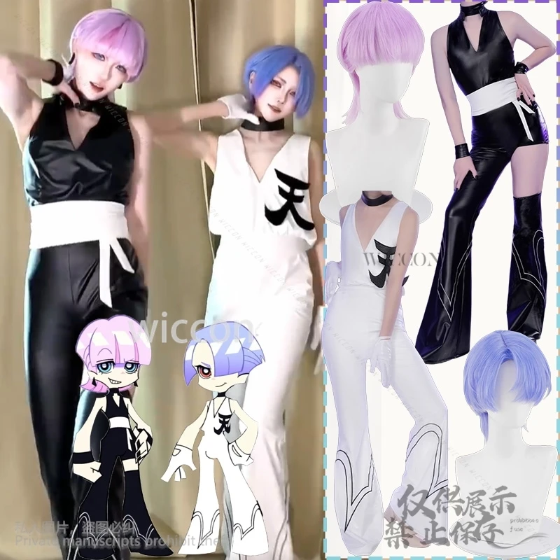 Angel Brother Jirai Kei أنيمي جديد اللباس الداخلي والتخزين مع Garterbelt تأثيري مخصص رائجة البيع اللاتكس Catsuit أسود أبيض الباروكات