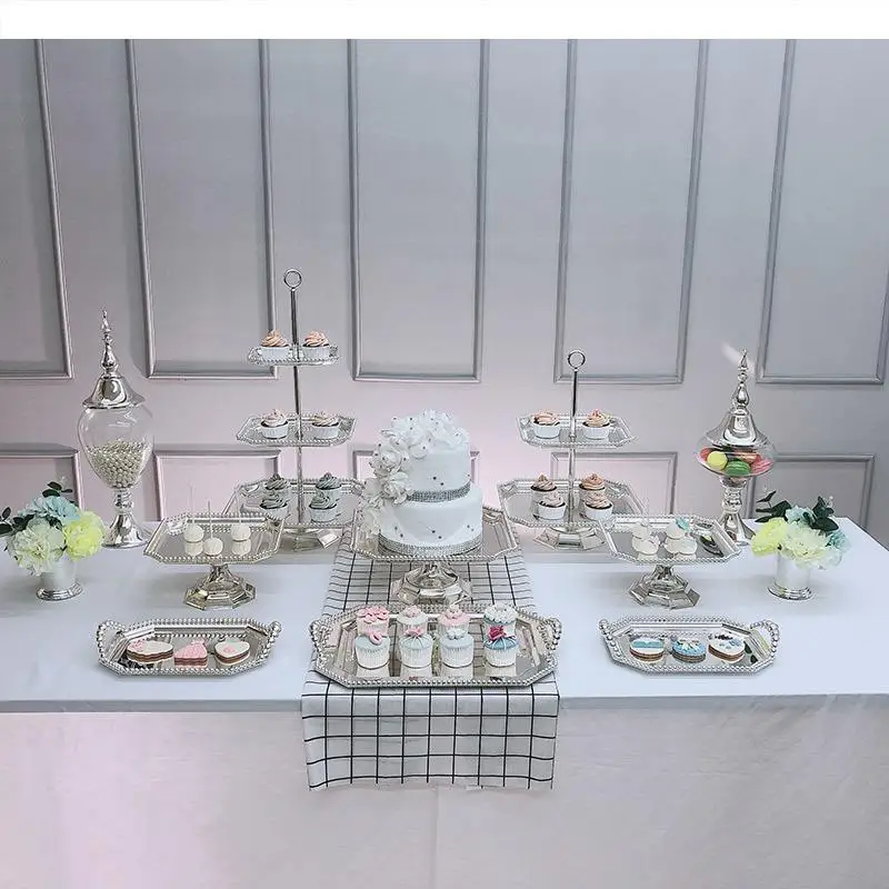 Dessert Table Metal Decorative Display Rack Glass Candy Jar Silver Pearl High Foot Cake Pan Plate Storage Tray Vase