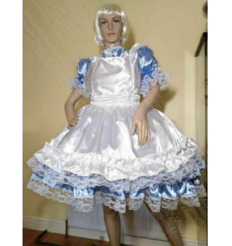 

Sissy Blue and White Maid Silk Dress Cosplay Maid Uniform Fantasy Carnival Custom Glamour for Adult Women