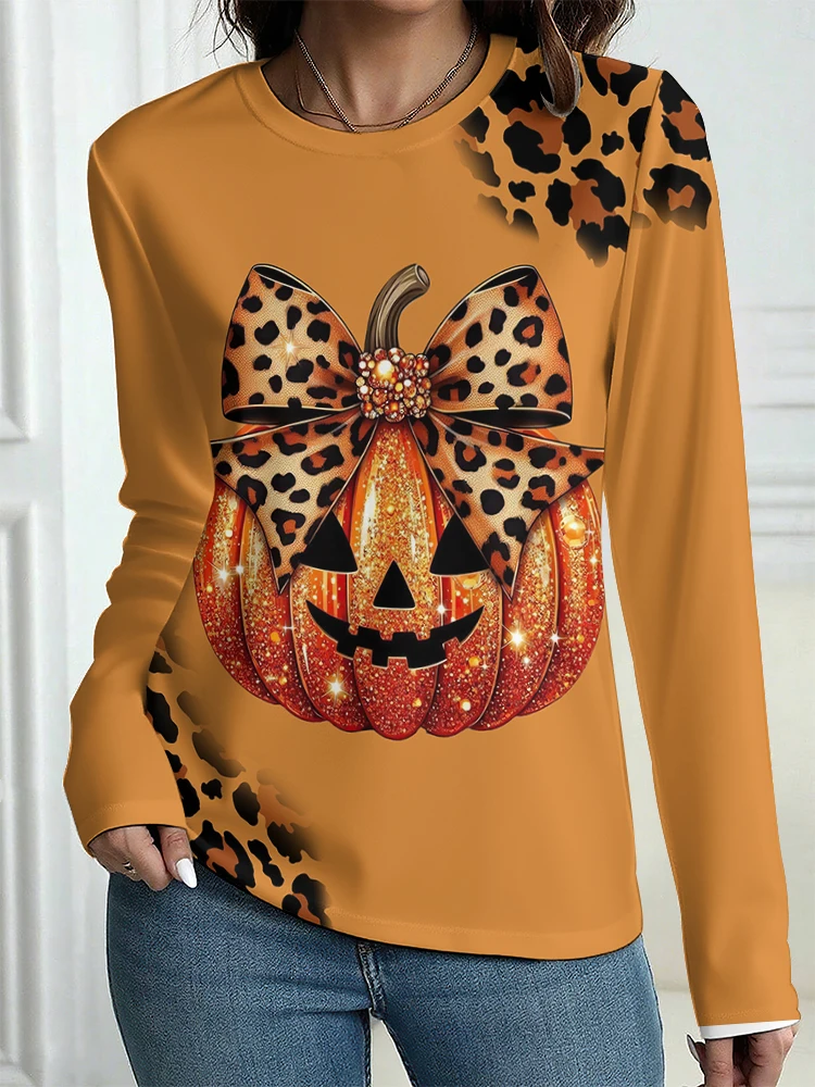 Autumn Long Sleeve Women's T-shirt Fashion Casual Long T-shirt Tops Halloween Spooky Ghost Printing OverSize Women's Clothing