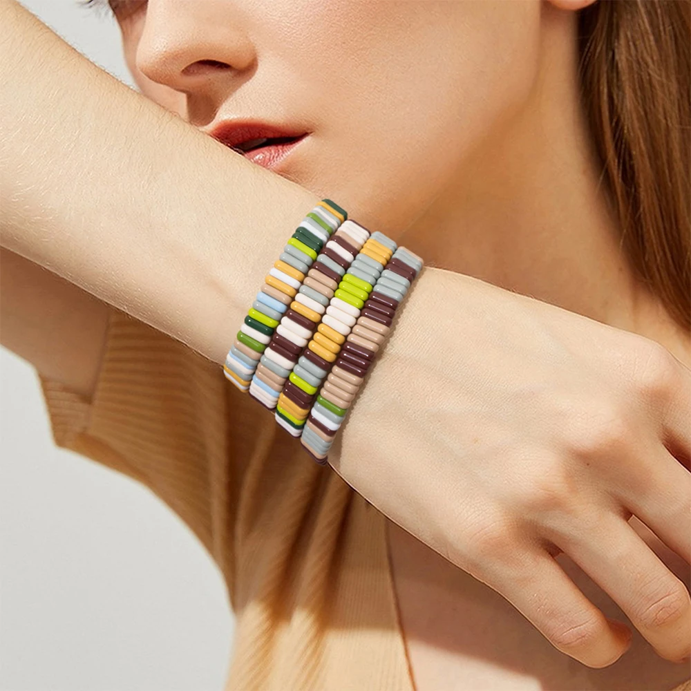 BEUTIFOR Colorful Beaded Elastic Bangle For Women Rainbow Enamel Beads Rainbow Accessory